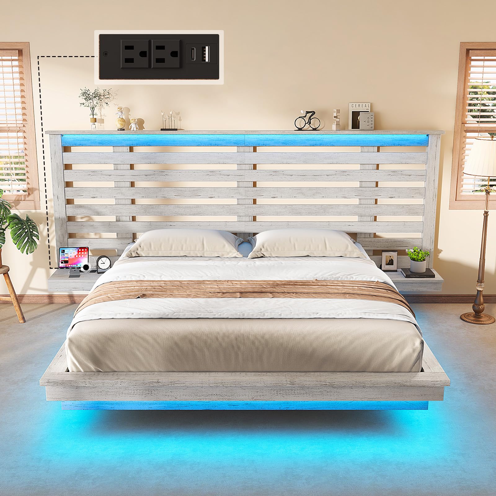 LUXOAK Distressed White Farmhouse Queen Floating Bed Frame with LED Lights & Charging Station - WoodArtSupply