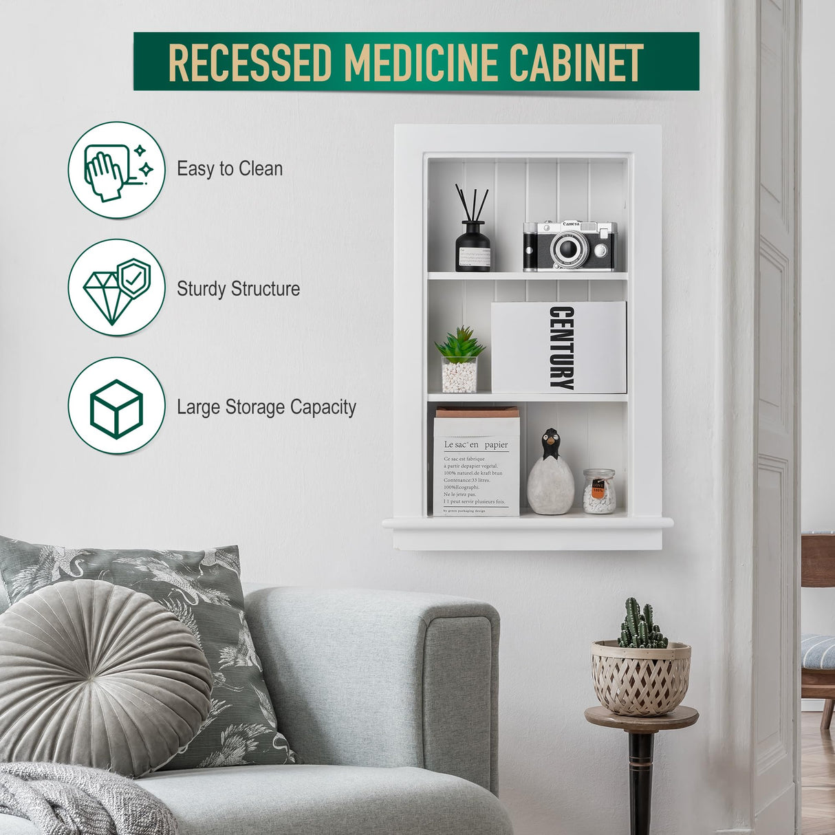 Potter-Island 14 x 24 Medicine Cabinet Recessed, Wall Niche, Bathroom Wall Cabinet, 3-Tier, Between Studs Shelving for Drywall, White Potter-Island