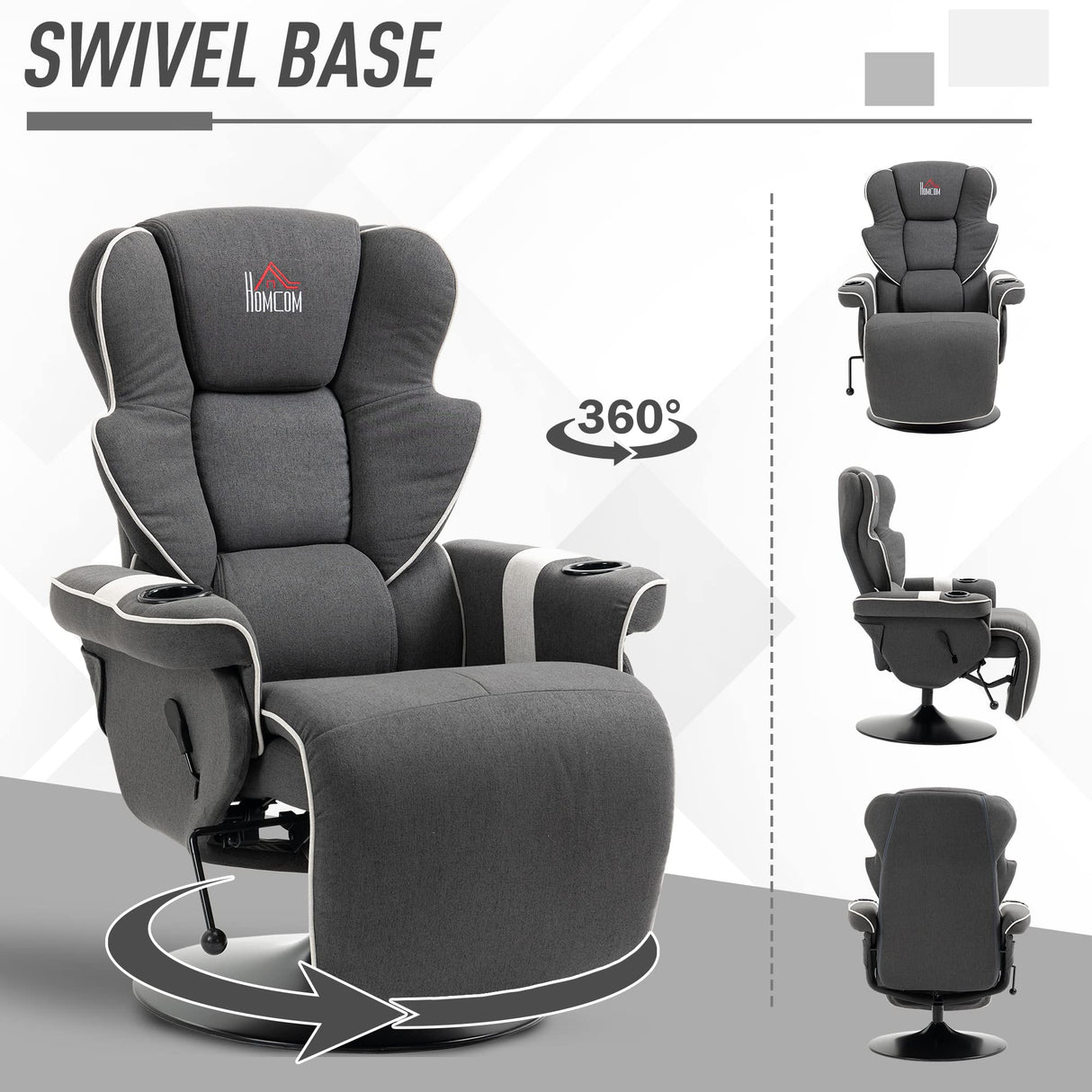 HOMCOM Manual Recliner, Swivel Lounge Armchair with Footrest and Two Cup Holders for Living Room, Black HOMCOM