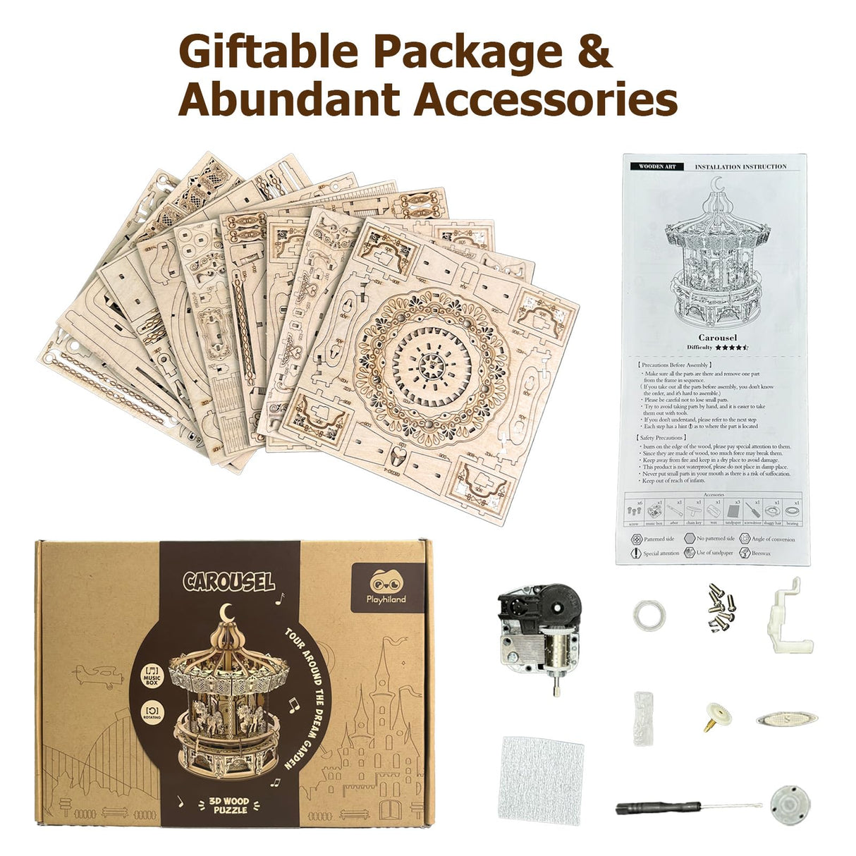 Playhiland 3D Wooden Puzzles for Adults - DIY Wooden Music Box, Merry-go-Round Model Kit - 274 Pieces Wooden Jigsaw - Brain Teaser - Birthday Gift for Boys and Girls/Adults Playhiland