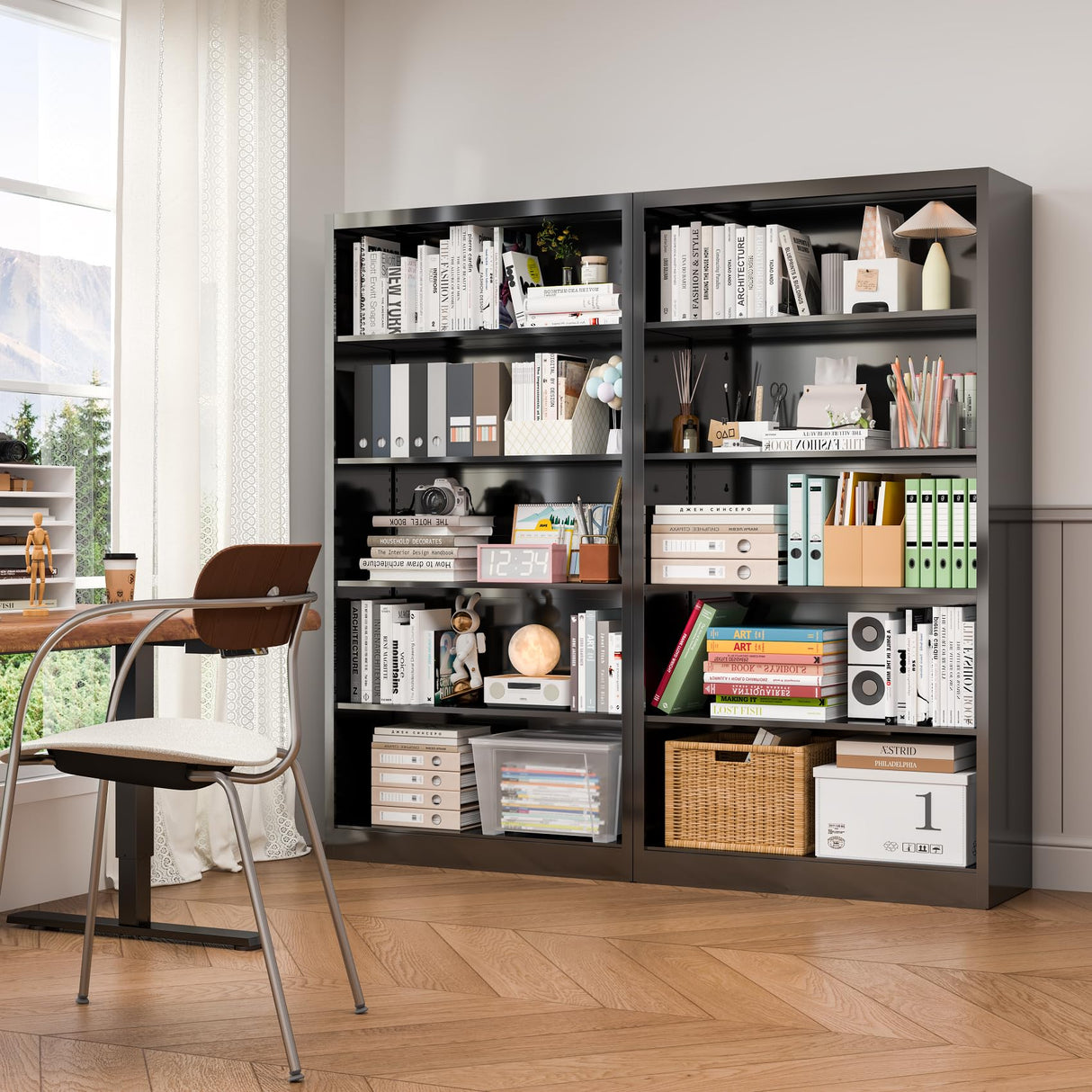 RGGCABINET 5 Tier Metal Bookshelf, 66" Tall Bookcase, Adjustable Book Shelves, Modern Black Book Shelf Storage Shelves for Bedroom, Living Room, Office, Library, Classroom, School RGGCABINET