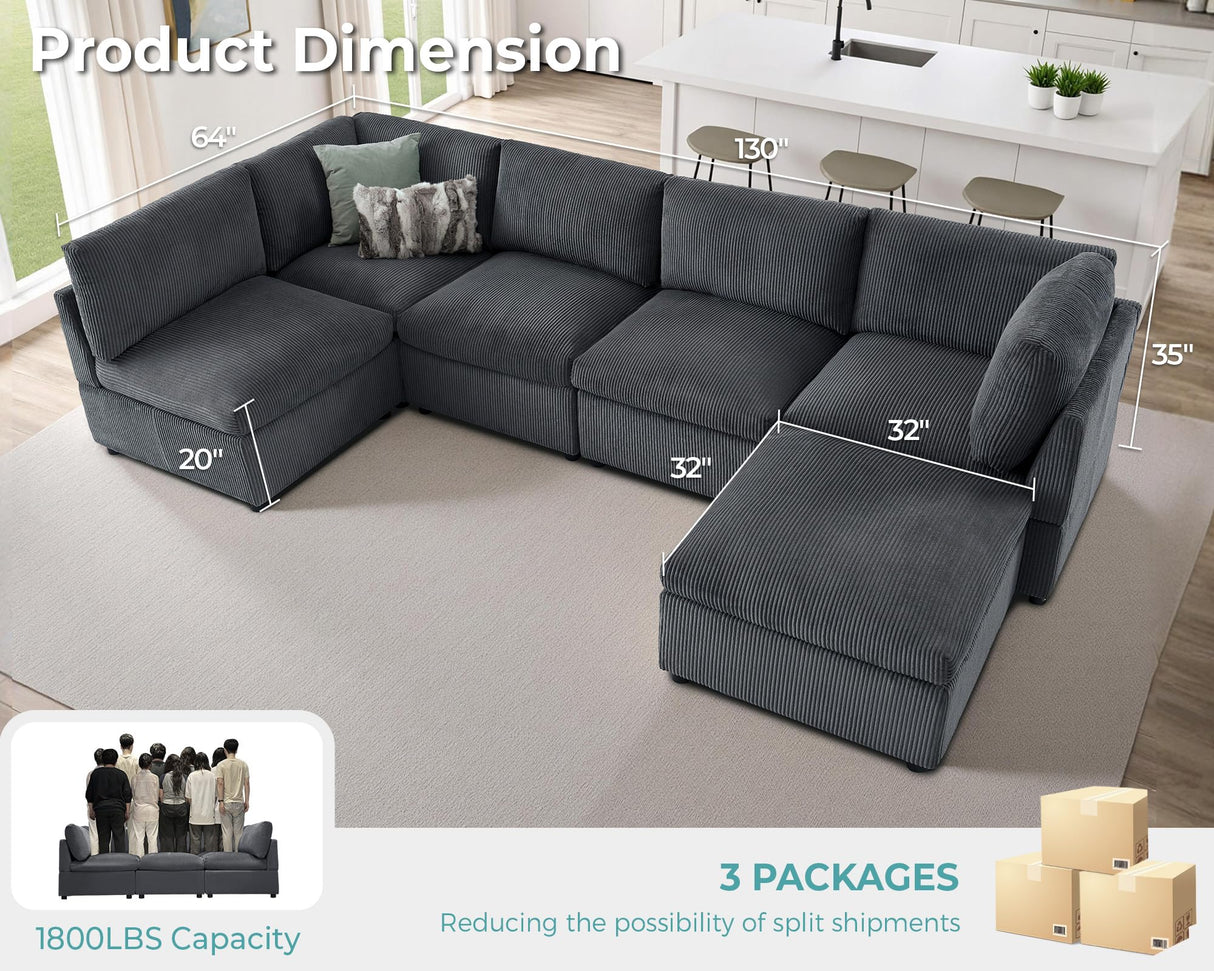 Jocisland Oversized Modular Sectional Sofa with 32" Deep Seat, 6-Piece Convertible U/L/S Modular Sofa for Spacious Living Rooms, Tool-Free Assembly, Corduroy Upholstery, Gray Sectional Couch Jocisland