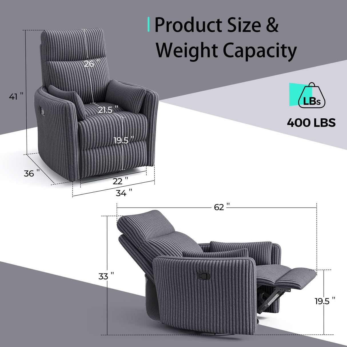LINSY 360 Swivel Nursery Recliner - Corduroy Glider Rocking Chair with 2 Pillows, Comfy High Back Adult Recliner for Small Spaces, Nursery Bedroom Living Room Reclining Chairs, Grey LINSY