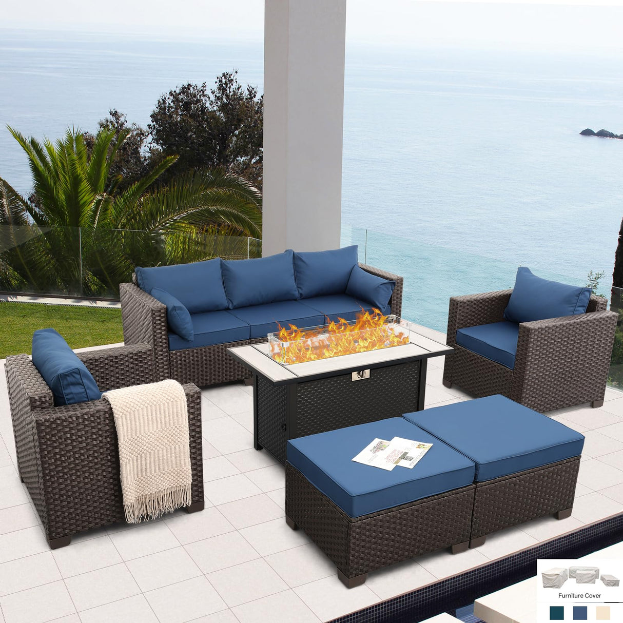 6-Piece Patio Furniture Set Outdoor Furniture Set with 45'' Propane Gas Fire Pit Table Outdoor Conversation Set Wicker Sofa Set Non-Slip Cushions Waterproof Covers, Navy Blue Rattan Star