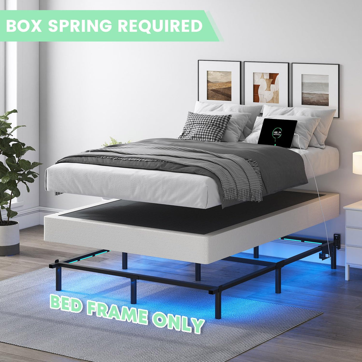 QEROMY King Bed Frame for Box Spring, 7 Inch Metal Bed Frame with LED Lights, 9-Legs Support Bed Base, Tool-Free Easy Assembly QEROMY