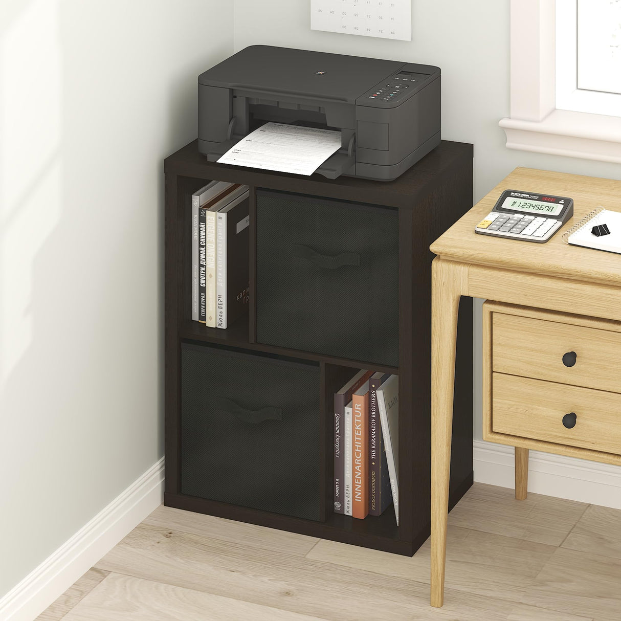 Furinno Viola Storage Shelf, 4-Tier Storage Rack with Bins, Book Shelf, Bookshelf, Display Rack with Drawer Bins, Extra Thick Frame, for Organization, Living Room, Home Office, Black Dark Oak Furinno