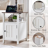 IFGET Farmhouse Nightstand Set of 2, End Table with Charging Station, Rustic Side Table w/Barn Door & Open Shelves, Bedside Table w/Storage Space and Storage Cabinet for Bedroom, Living Room (White) IFGET