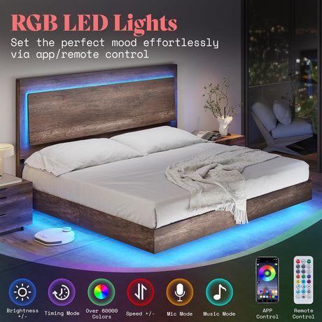 AMERLIFE Floating King Bed Frame with Recline Headboard and LED Lighting in Washed Gray AMERLIFE