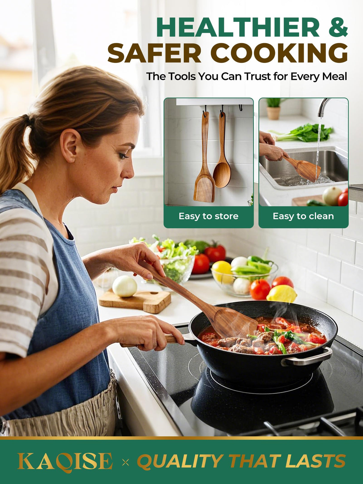 Handmade Wooden Spatulas for Cooking, Natural Teak Wooden Utensils, Smooth Finish Wooden Flat Cooking Spatula Turner Set (2Pcs) KAQISE