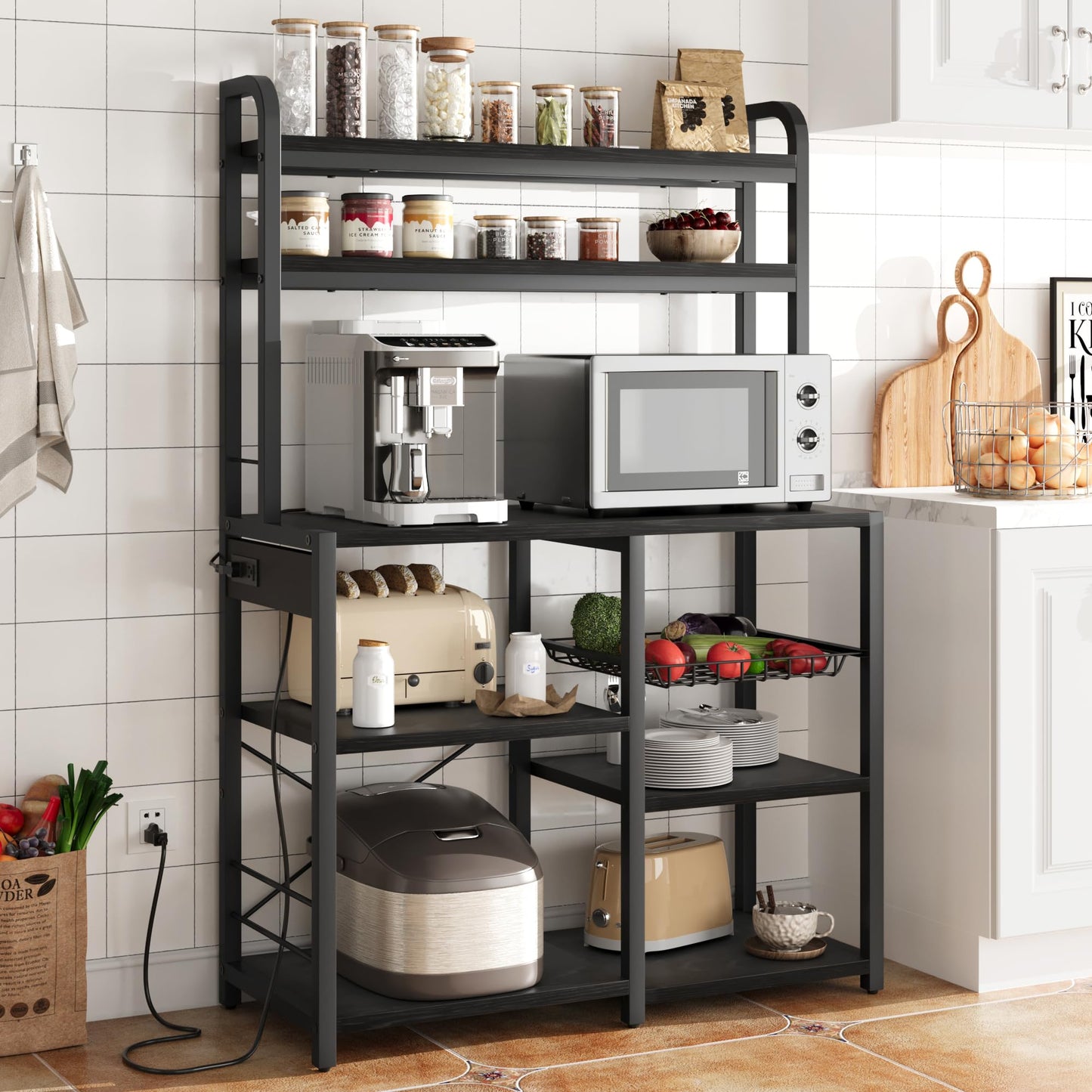 IDEALHOUSE Rustic Black Bakers Rack with Power Outlet & Large Storage - 6-Tier Kitchen Buffet Table - WoodArtSupply