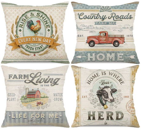 Vintage Farmhouse Animal Pillow Covers 18x18 Set of 4 Retro Farmer's Market Truck Rooster Sheep Feed Seed Premium Poultry Farm Home Décor Throw Pillow Case Cushion Cover for Sofa (18" X 18") Faromily