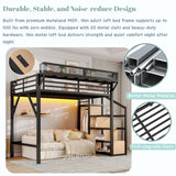 Twin XL Loft Beds with Storage Beside Shelves and Wardrobe, Metal Loft Bed Twin with LED Lights and USB Ports, Heavy-Duty Loft Bed Frame for Teens, Adults, Noise-Free & Space-Saving, Black Bellemave