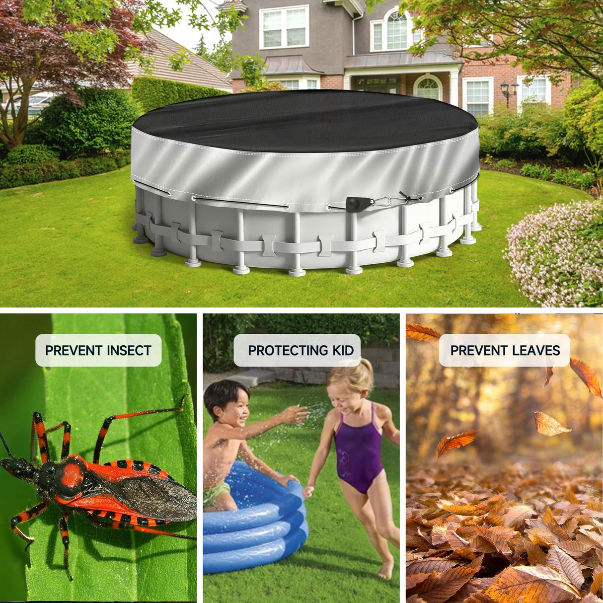 NEVERLAND Winter Pool Cover 18FT Round - Heavy-Duty 420D Oxford Above Ground Swimming Pool Cover, Debris-Proof, Cold-Resistant & UV-Resistant with Upgraded Adjustable Tensioner, Black/Sliver NEVERLAND