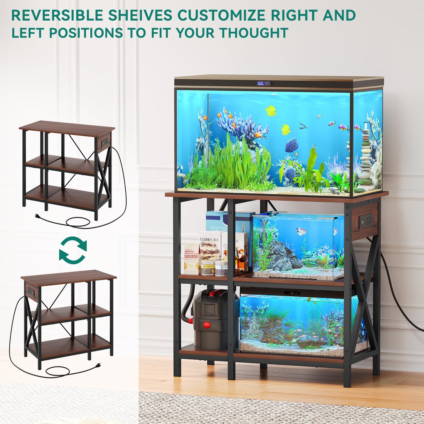 YITAHOME 10-29-37 Gallon Fish Tank Stand with Power Outlet, 30x16 Inch Metal Aquarium Stand with 3-Tier Adjustable Storage Shelves and Hooks, 450LBS Capacity, Rustic Brown