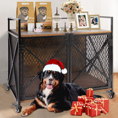 Wooden Dog Crate Furniture Style Cage,Indoor Decorative Kennels with Lockable Wheels,Heavy Duty End Table for Small Medium Large Breed,41" L x 23.6" W x 35.8" H,Rustic Brown