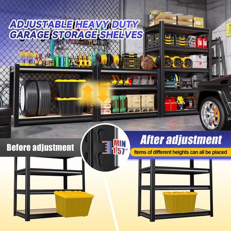 5-Tier Garage Shelving Heavy Duty, Adjustable Storage Shelves, 2500LBS Metal Garage Shelves,Storage Rack for Basement, Warehouse, Pantry, Easy Assembly, Black (wooden-72''H x 35.4''W x 15.7''D) ZZXCBB