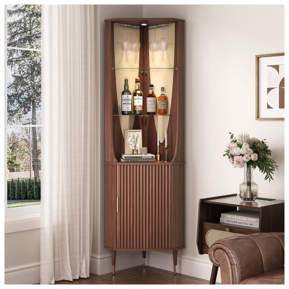 70" Tall Corner Bar Cabinet, Mid-Century Modern Fluted Storage Cabinet with Glass Shelves, Door & LED Lighting, Space-Saving Liquor Cabinet for Living Room, Kitchen, or Dining Room, Walnut JOINICE