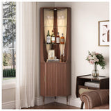 70" Tall Corner Bar Cabinet, Mid-Century Modern Fluted Storage Cabinet with Glass Shelves, Door & LED Lighting, Space-Saving Liquor Cabinet for Living Room, Kitchen, or Dining Room, Walnut JOINICE