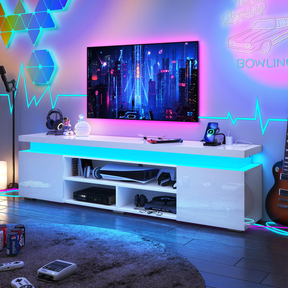 LED TV Stand for 95 Inch TV, Modern Gaming TV Stand with Power Outlet, High Gloss TV Console Entertainment Center with Storage for Living Room, Bedroom (83 Inch,White) Hlivelood