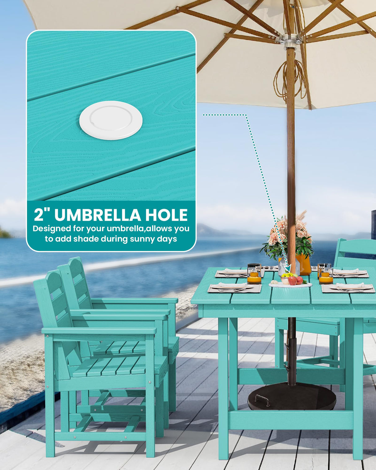 SERWALL 8-Piece Patio Dining Sets with 15FT Double Side Patio Umbrella, Outdoor HDPE Dining Furniture Set with Umbrella Hole Cut-Out Table and 6 Chairs, Aruba（Umbreall Base not Included） SERWALL