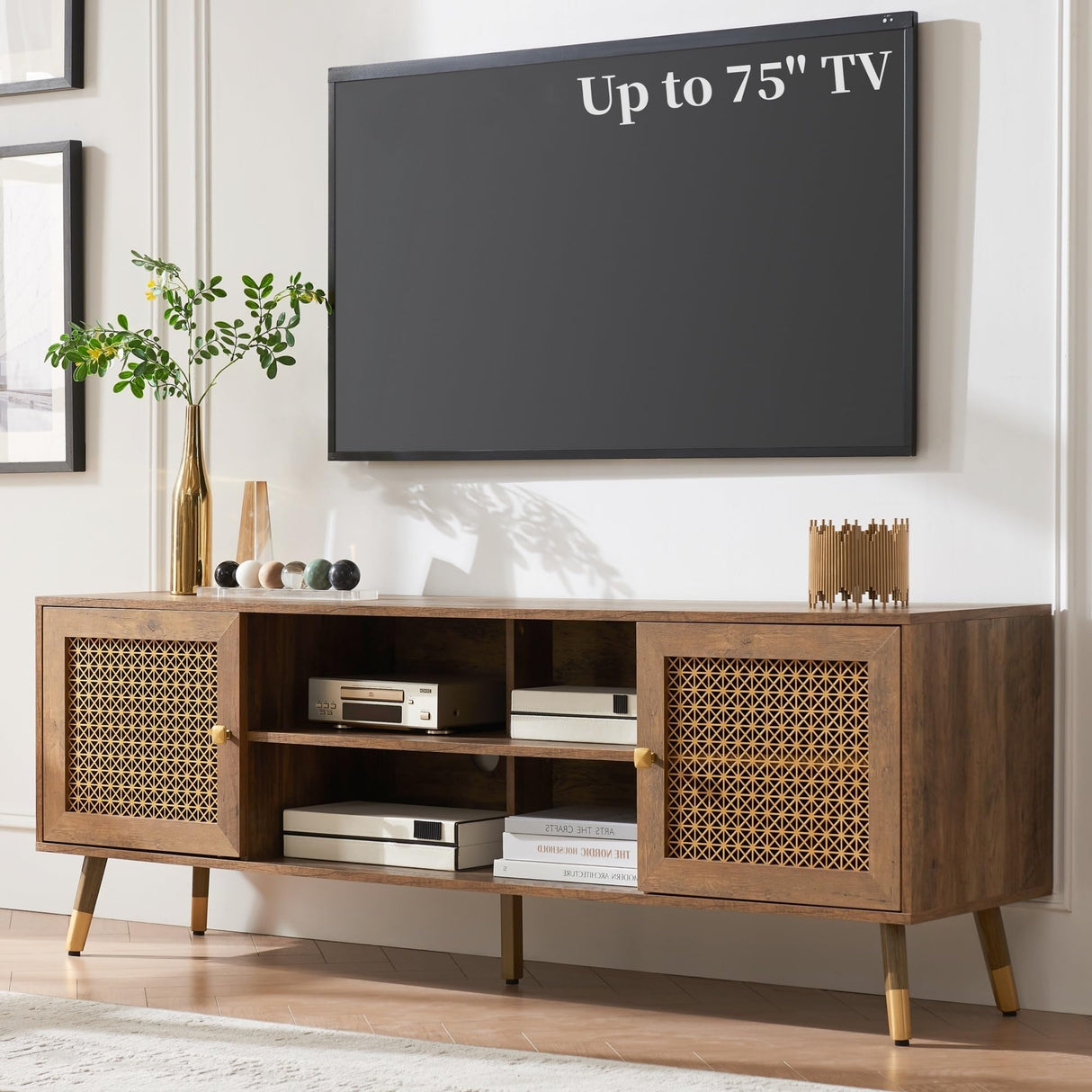 JYED DECOR Modern Entertainment Center for TVs up to 75 inches, Boho TV Console with Storage Cabinet and Open Shelves, Large TV Stand for Living Room, Bedroom, Office, Rustic JYED DECOR