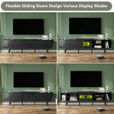 Mid Century Modern TV Stand for 75/65/55 inch TV, Farmhouse TV Stand with Charging Station, Fluted Entertainment Center with Storage and Sliding Doors, TV and Media Consol for Living Room, Black, 69" Syvella