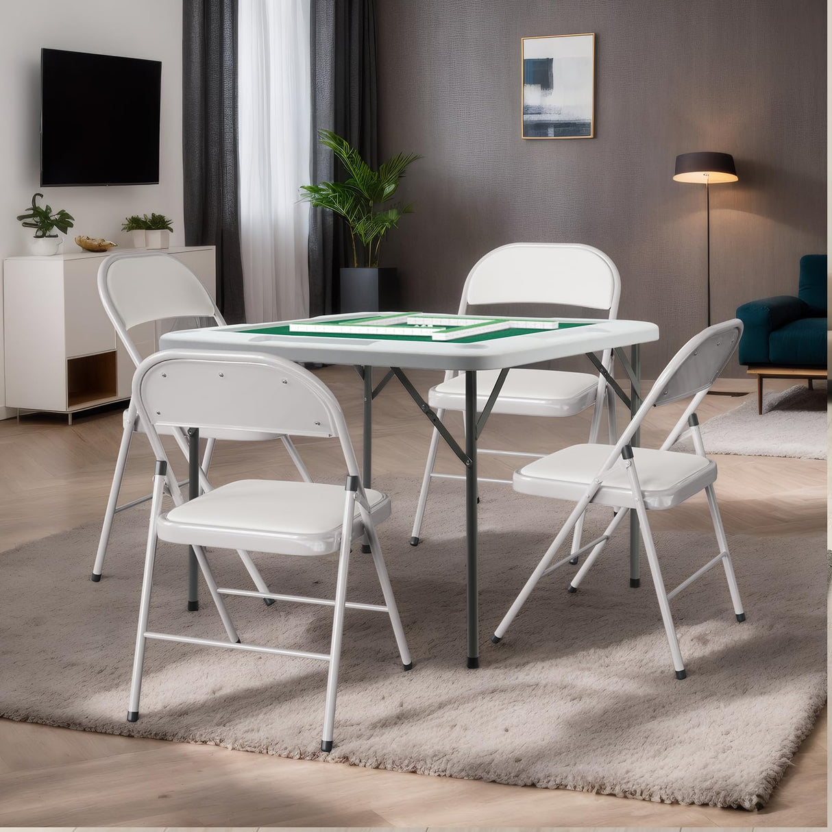 PEXMOR 39.5" Foldable Mahjong Table, Square 4 Player Card Game Table w/Cup Holders & Chip Grooves, Portable Folding Poker Domino Board Game Table for Blackjack, Texas Hold'em, Jigsaw Puzzles Game PEXMOR