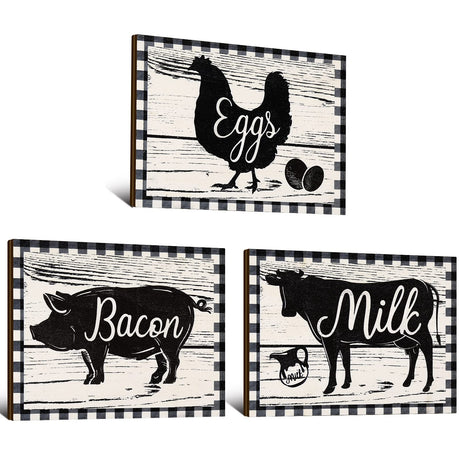 Jetec 3 Pieces Farmhouse Kitchen Signs Cow Rooster and Pig Decors 7.9 x 5.9 Inch Rustic Wooden Signs Country Wall Decorations for Kitchen Wall Decor and Home Decor (Rustic Style) Jetec