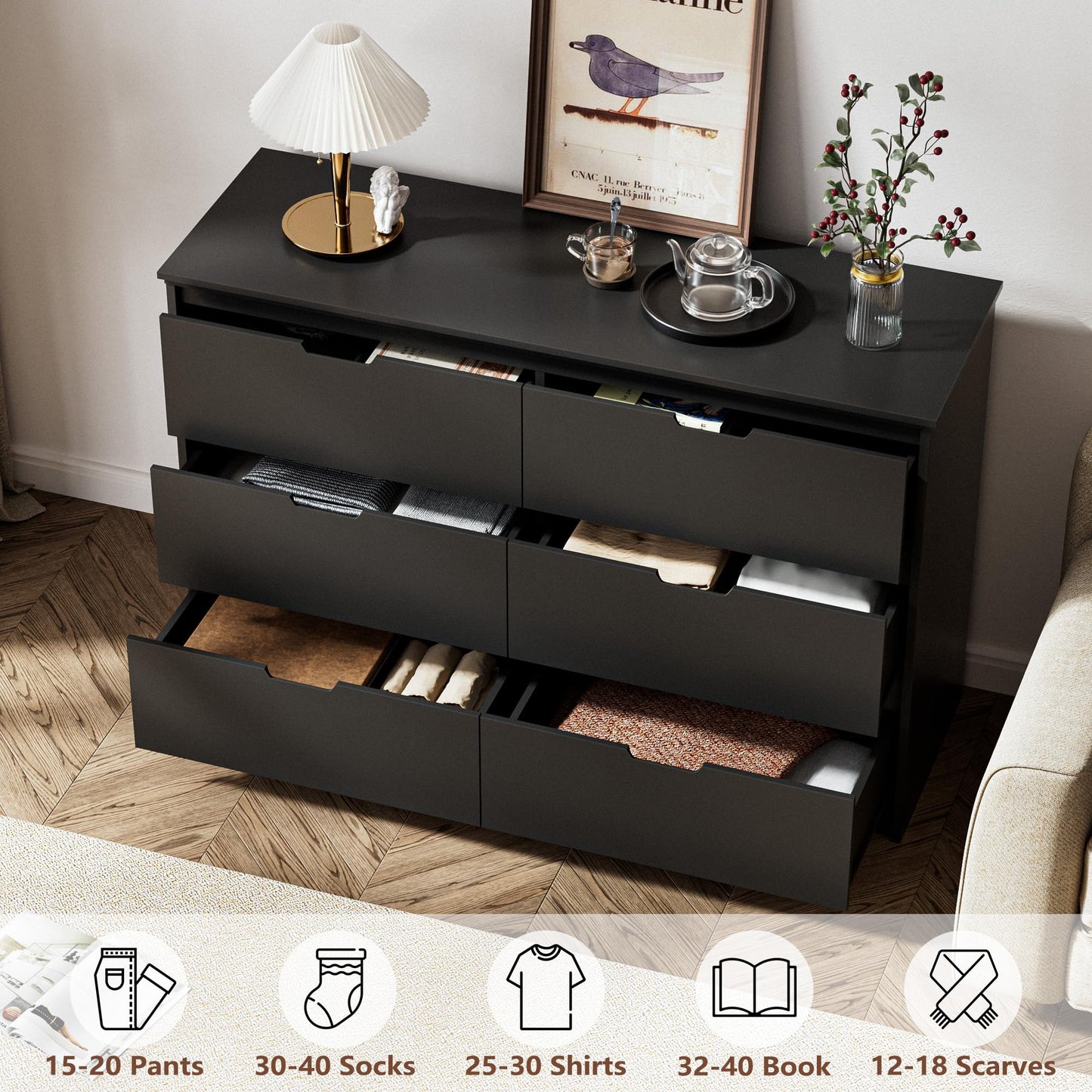 6 Drawers Black Dresser for Bedroom, Wood Large Double Dresser with Hidden Handles, Modern Dressers & Chests of Deep Drawers for Hallyway, Entryway