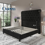 Jocisland Queen Size Bed Frame with Sleigh Headboard 60" Tall Velvet Upholstered Platform Bed, No Box Spring Needed, Black Jocisland