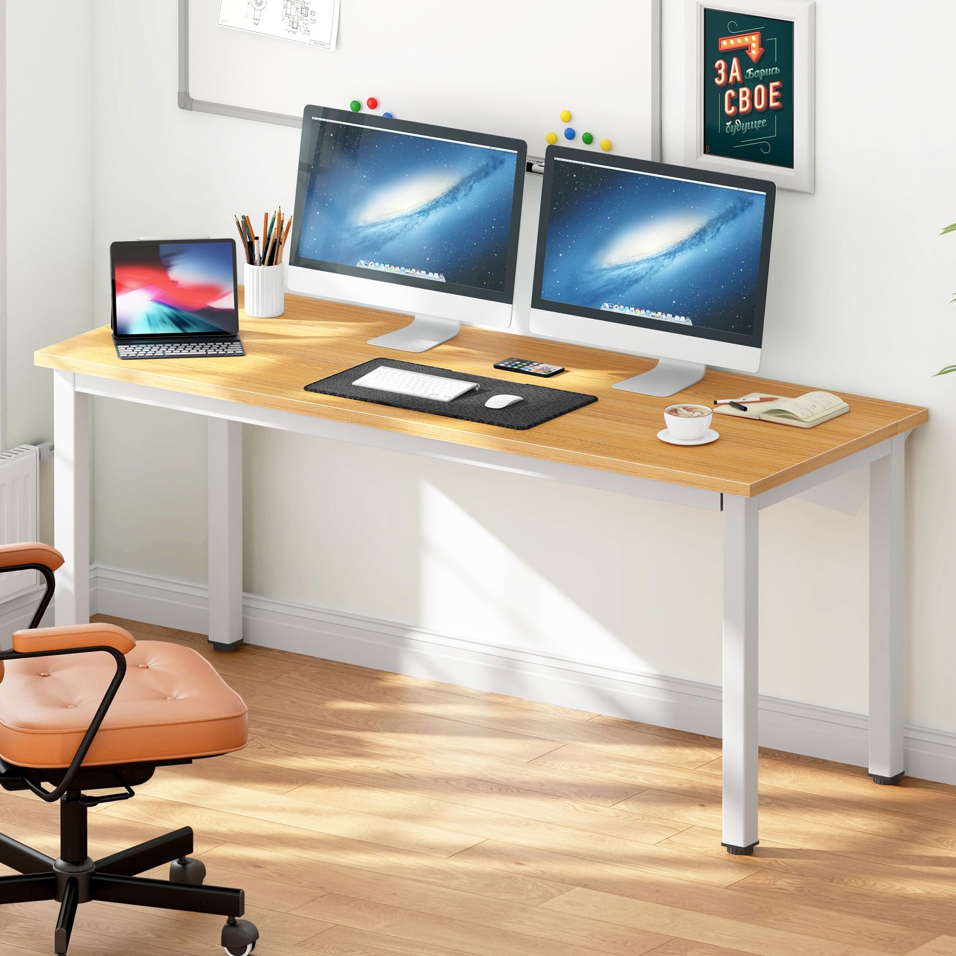 DlandHome 63 inches X-Large Computer Desk, Composite Wood Board, Decent and Steady Home Office Desk/Workstation/Table, BS1-160TW Teak and White Legs, 1 Pack - WoodArtSupply