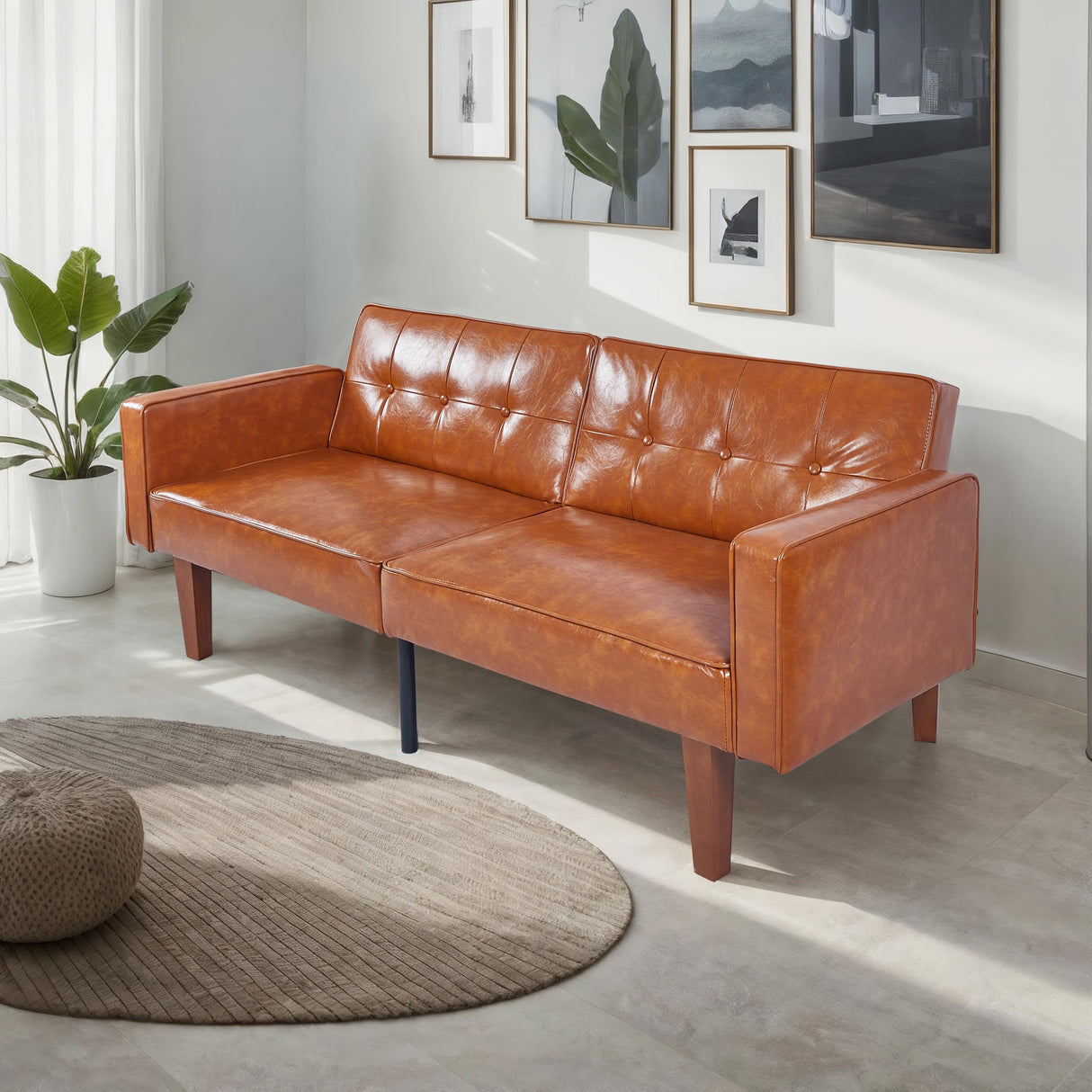 Trygoal Adjustable Backrest Convertable Sofa, Modern PU Leather 2-Seat Futon Sofa, Convertible Faux Leather Sleeper Couch with Armrests, Couch for Living Room Home Office Spaces, Brown Trygoal