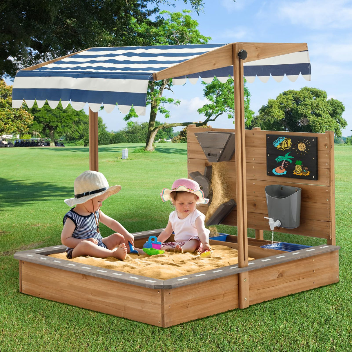 Kids Large Wooden SandBoxes with Roof, Pipleo Outdoor Sand Box Play w/Canopy for Backyard Garden Beach, Sand Pit for Beach Patio Outdoor, [Adjustable Cover & Sand Funnel & Drawing Board] - Brown Oak Pipleo