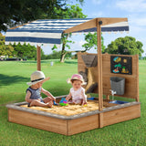 Kids Large Wooden SandBoxes with Roof, Pipleo Outdoor Sand Box Play w/Canopy for Backyard Garden Beach, Sand Pit for Beach Patio Outdoor, [Adjustable Cover & Sand Funnel & Drawing Board] - Brown Oak Pipleo