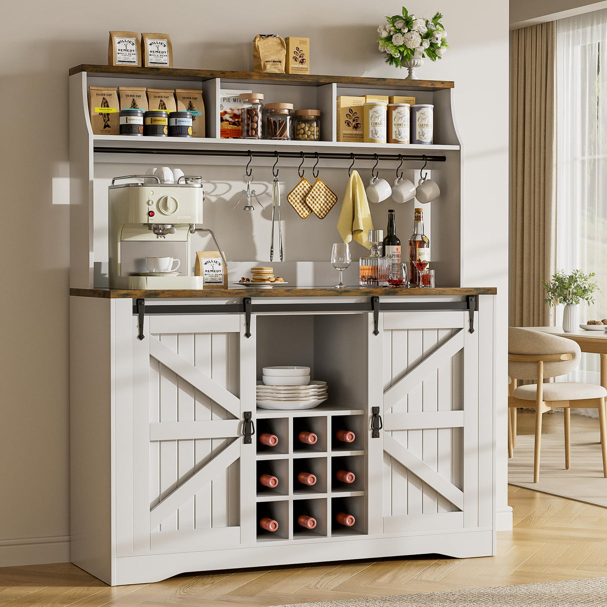 SYESWAY 57" Coffee Bar, Farmhouse Coffee Bar Cabinet with 3-Tier Storage, Tall Buffet Kitchen Hutch Cabinet with 8 Hooks & 9 Wine Racks, Wine Bar Cabinet for Home, Living Room, White SYESWAY
