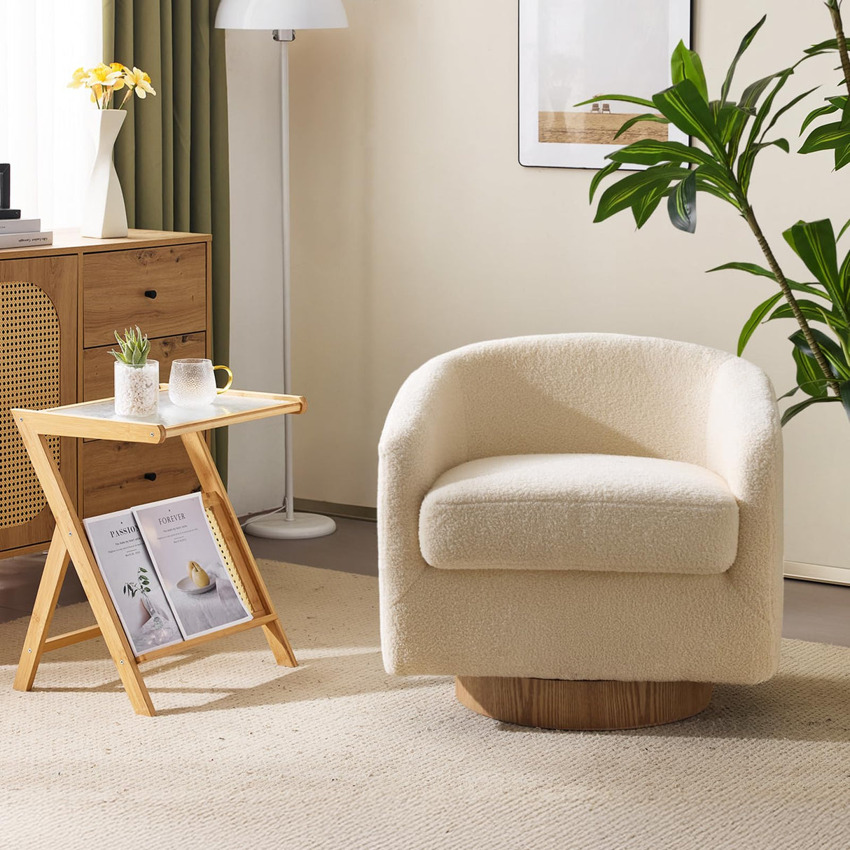 VINGLI 360°Swivel Accent Chair with Engineered Wood Base and Removable Cushion for Living Room, Bedroom, Curved Back Barrel Chair for Small Space, Upholstered Bucket Armchair, Teddy Khaki VINGLI