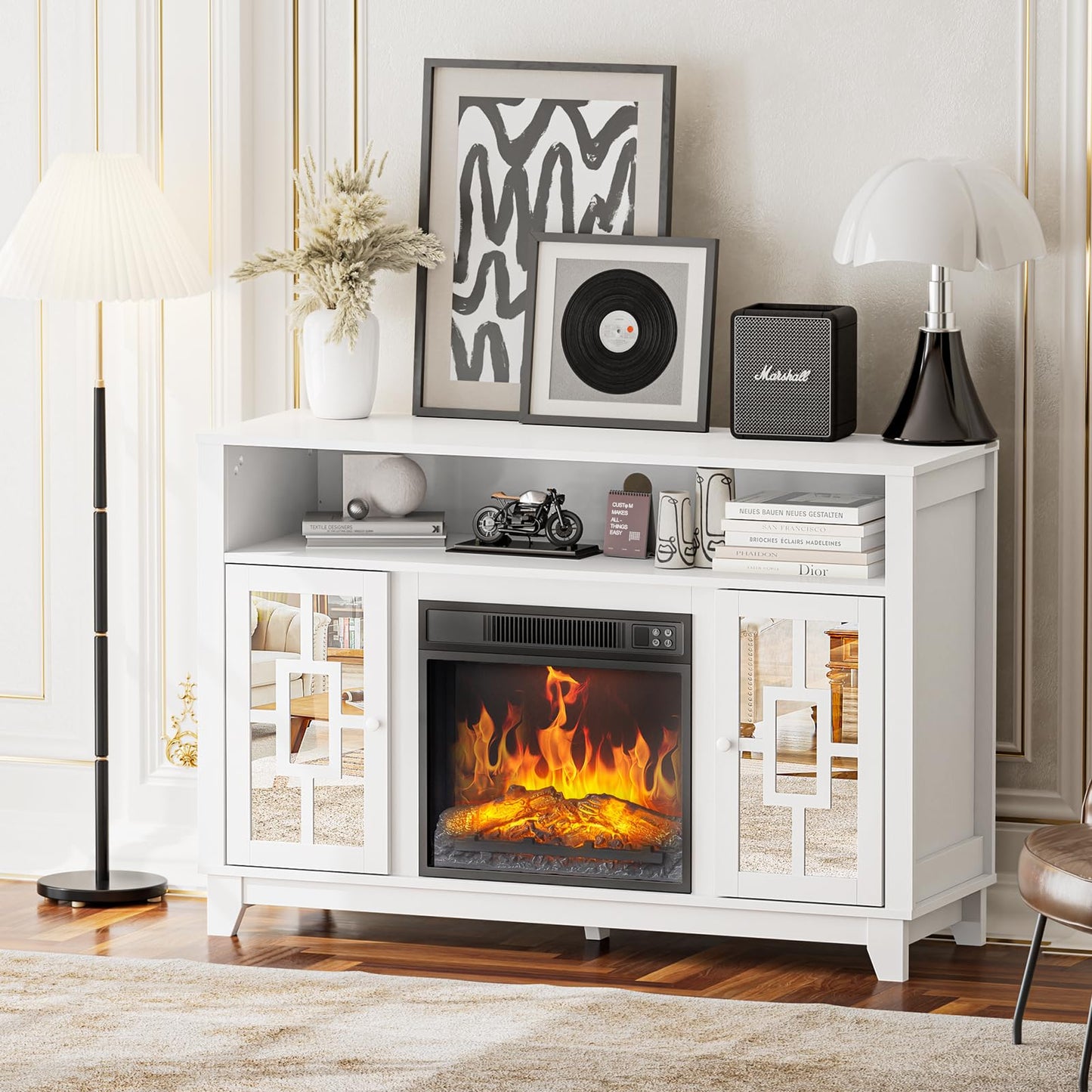 VINGLI Mirrored Fireplace TV Stand, Farmhouse Modern Entertainment Center with Electric Fireplace & Mirror Doors for TVs Up to 60 Inch (White)