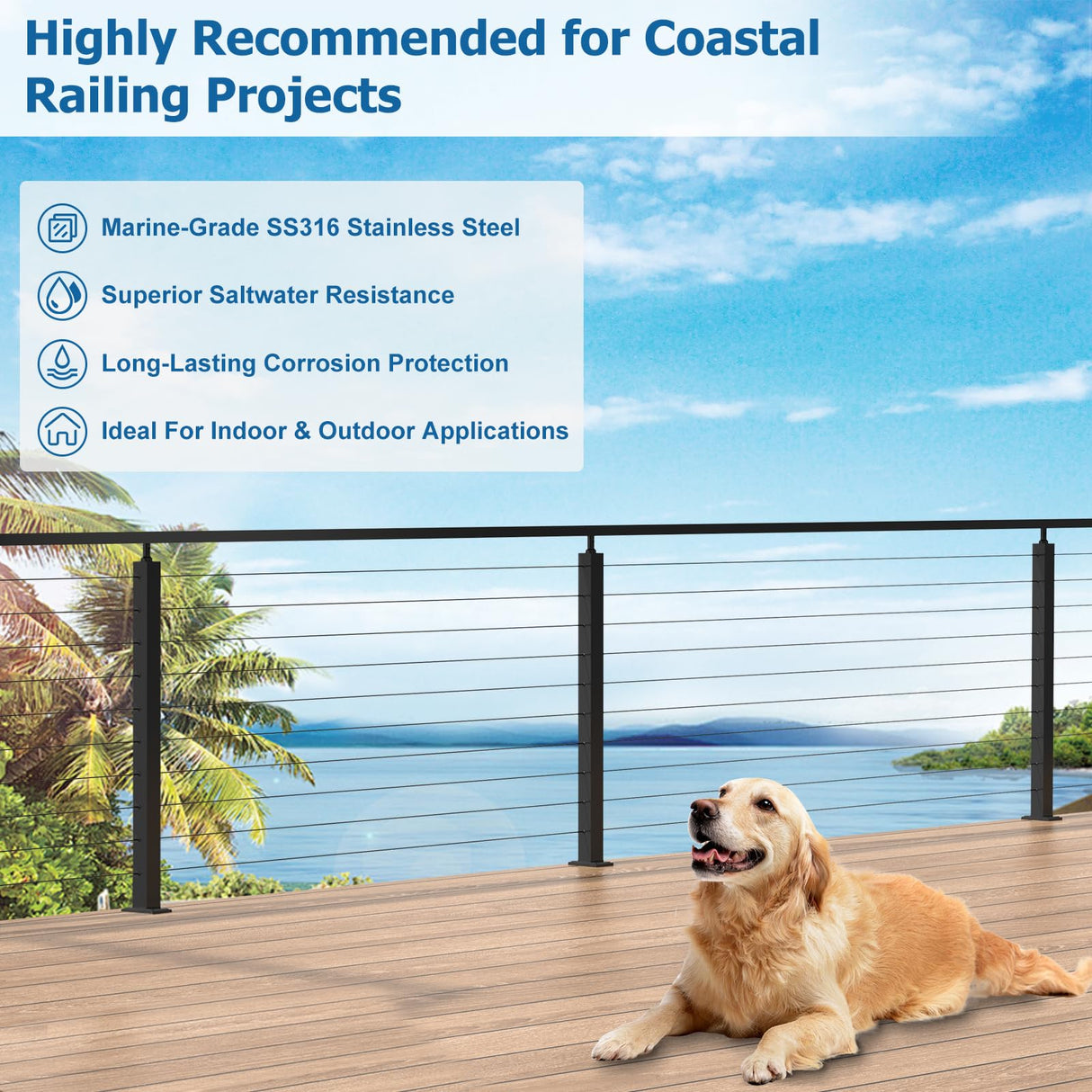 Zylorix 36" SS316 Cable Railing Post Level Drilled for Coastal Indoor Outdoor, 35"x2"x2" Stainless Steel Adjustable Top Post with Cable Grommets, DIY Cable Railing for Wood Concrete Deck, Black Zylorix