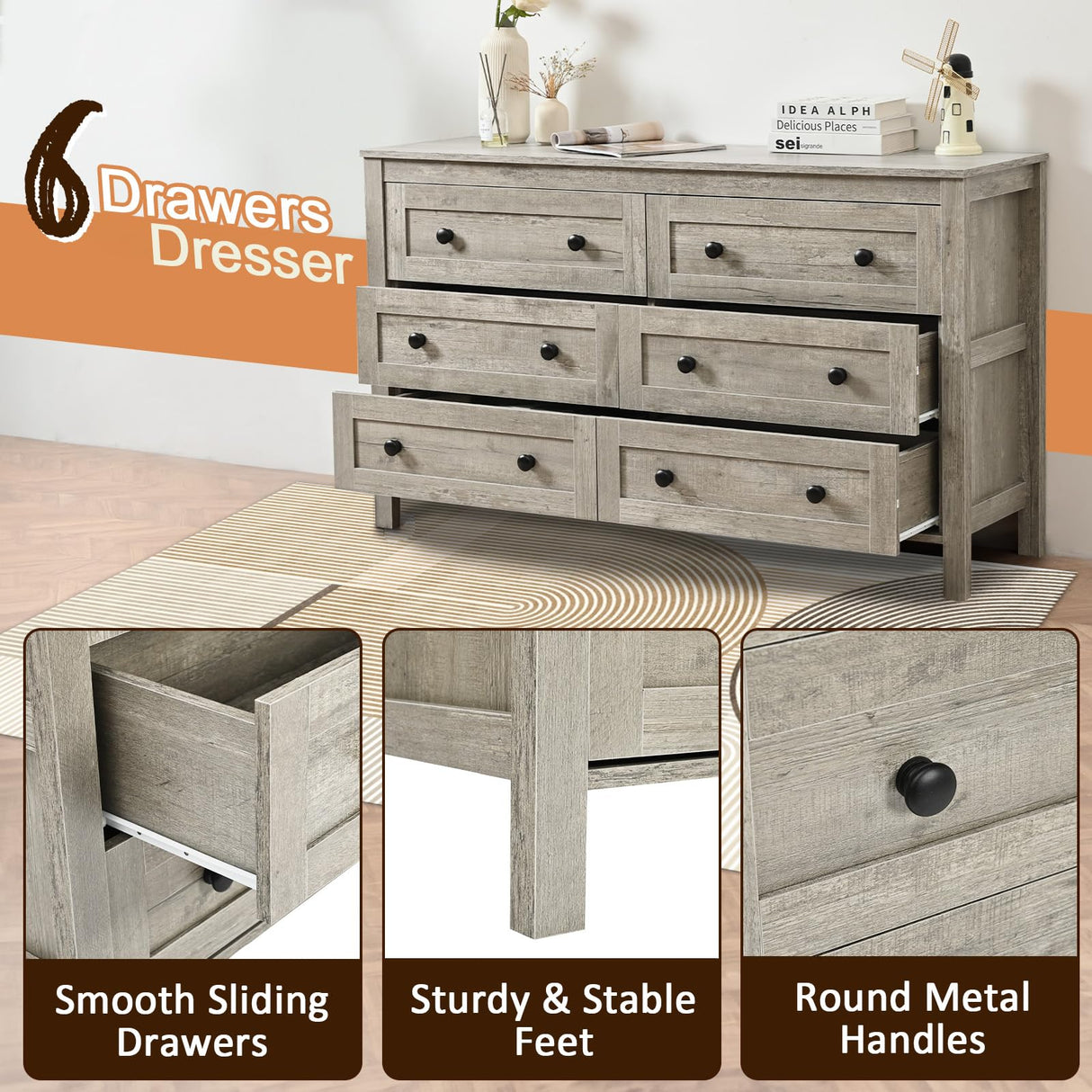 HALLYBEE Farmhouse 6 Drawer Dresser for Bedroom, 54" Long Wood Chest of Drawers with Round Metal Handle, Storage Dresser Organizer, TV Stand Dresser for Bedroom, Living Room, Hallway, Light Rustic Oak HALLYBEE