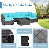Tangkula 7 Pieces Patio Furniture Set, Patiojoy All-Weather Outdoor Rattan Sectional Sofa Set with Cushions and Tempered Glass Coffee Table, for Garden, Lawn, Backyard (Turquoise) Tangkula