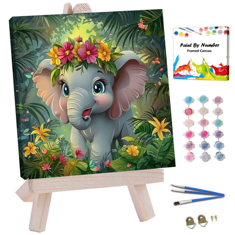 JUJUHOOD Cartoon Elephant Framed Paint by Numbers Kit for Adults Beginner & Kids Ages 8-12,Animal Paint by Number Without Easel, Acylic Paint by Numbers for Gift Home Wall Decor (10x10Inch) JUJUHOOD
