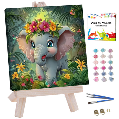 JUJUHOOD Cartoon Elephant Framed Paint by Numbers Kit for Adults Beginner & Kids Ages 8-12,Animal Paint by Number Without Easel, Acylic Paint by Numbers for Gift Home Wall Decor (10x10Inch)