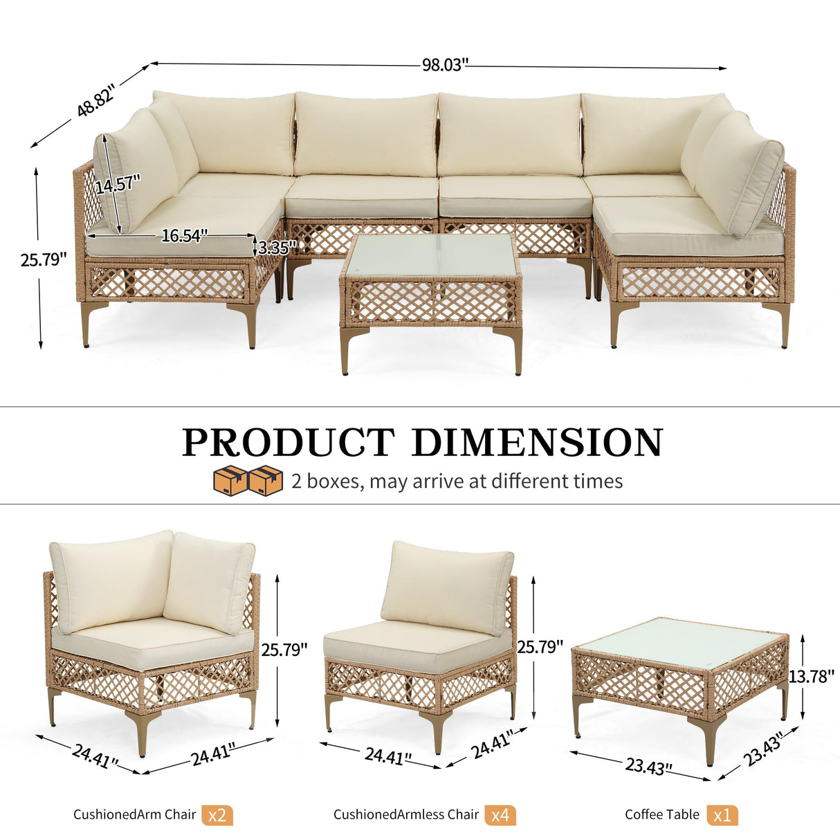FHFO 7 Piece Outdoor Wicker Patio Furniture Set, Rattan Sectional Sofa Couch, Patio Conversation Set with Cushion & Coffee Table, for Backyard Poolside Porch Garden, Yellow/Beige FHFO