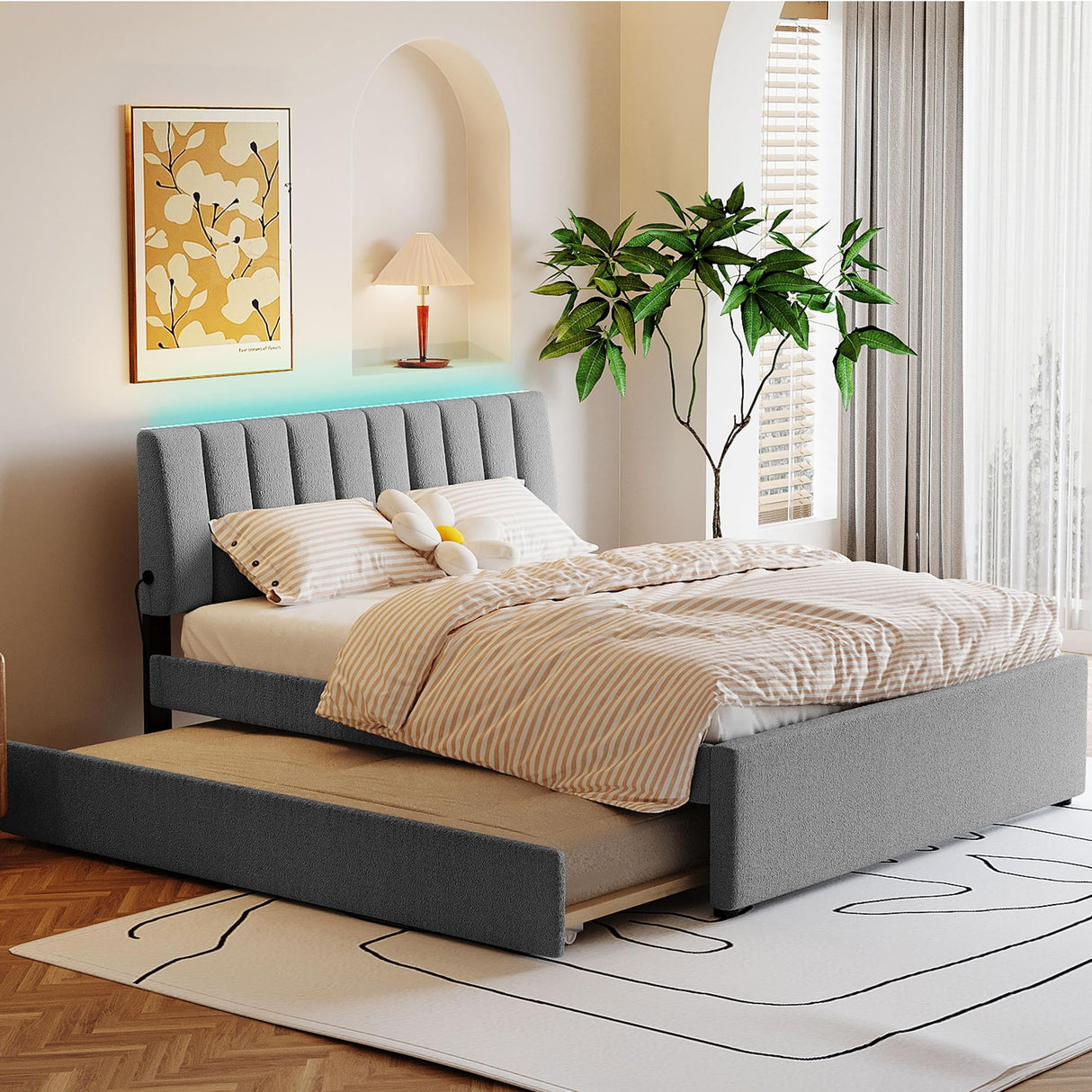 Harper & Bright Designs Queen Size Upholstered Platform Bed with Twin Size Trundle, Teddy Fleece LED Platform Bed Wood Frame with Headboard, No Box Spring Needed - Gray Harper & Bright Designs