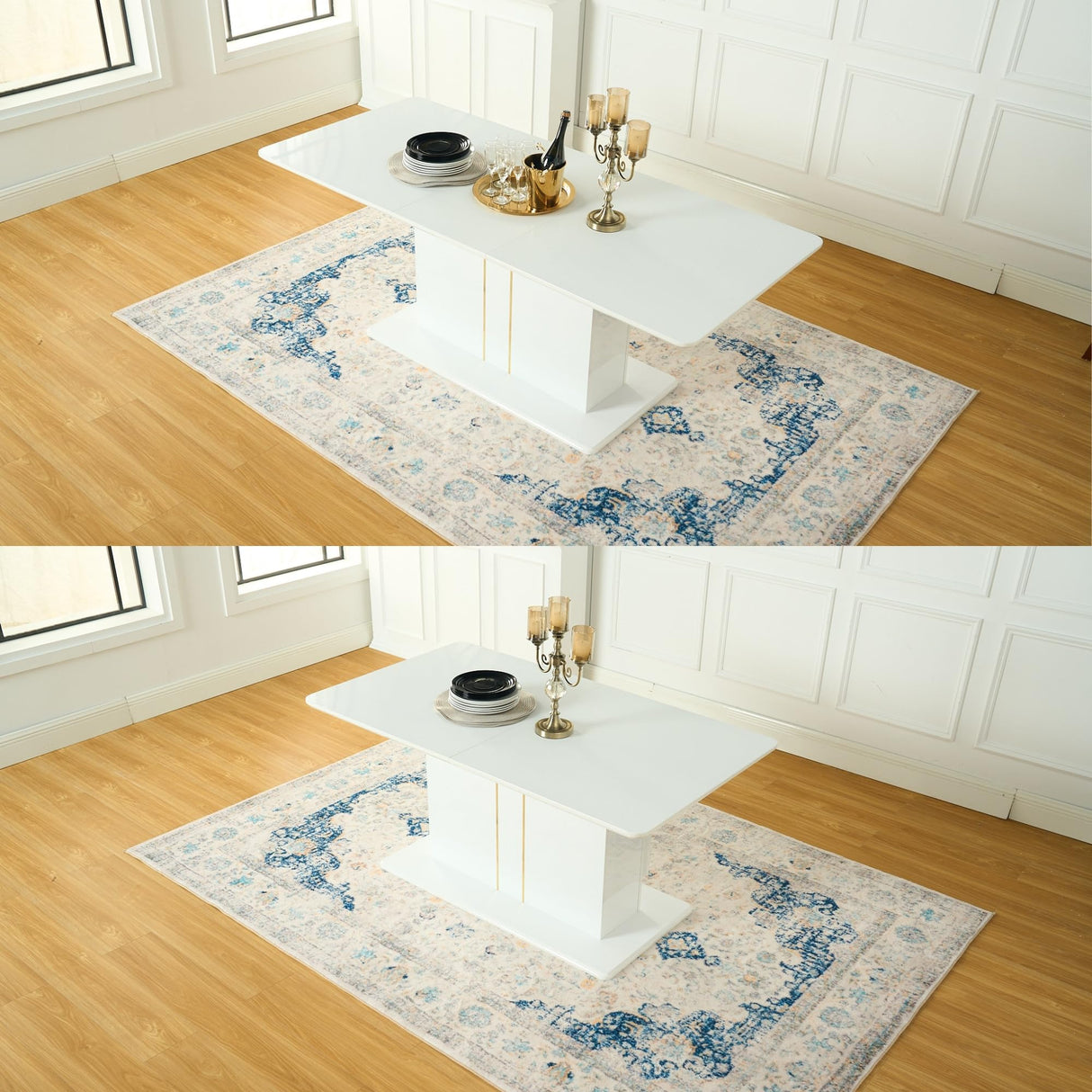 9-Piece High Gloss Dining Table with 8 Beige Fabric Durable Metal Legs Chairs for 6-8 Persons, 63-80.7'' Contemporary Extendable Table Set for Dining Room, Conference Room, Reception Area, White Homy Casa