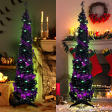 Pop up Christmas Tree for Indoor Decoration,5FT Pre-lit Mini Halloween Tree with 60 Lights,Black Artificial Pencil Tree Collapsible Tinsel Lighted up Christmas Tree luxfcup