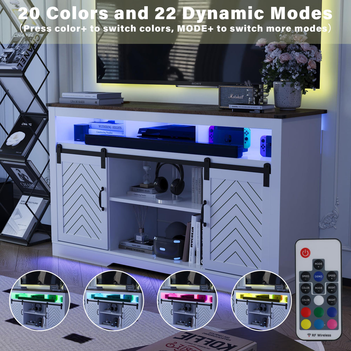 amzzar 58” Wooden Farmhouse TV Stand for 65 inch TV, Rustic Tall Entertainment Center with Power Outlets and Sliding Barn Door, TV Console Cabinet with Storage for Living Room, White, Large amzzar