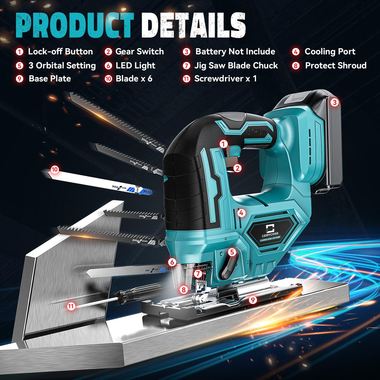 Jig Saw for Makita 18V Battery, Cordless Jigsaw Tool Brushless Motor, Variable Speed, Bevel Angle (0°-45°), LED Light with 3 Position Orbital Setting for Straight/Curve/Circle/Cutts (No Battery) Cerycose