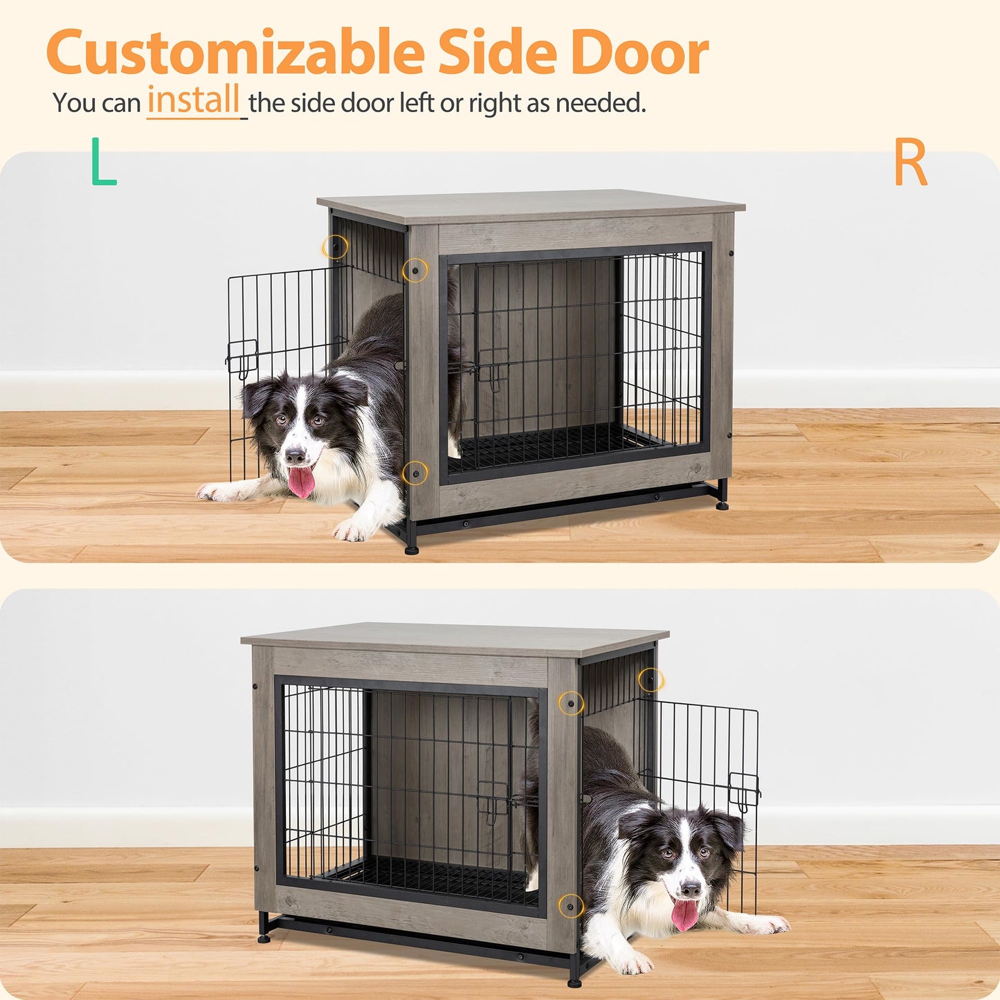 Shintenchi Wooden Dog Crate Furniture for Large Dog, L Double-Door Kennel Indoor with Removable Tray, End Table L Dog Crate for Decoration, 38" L*25" W*26" H, Grey