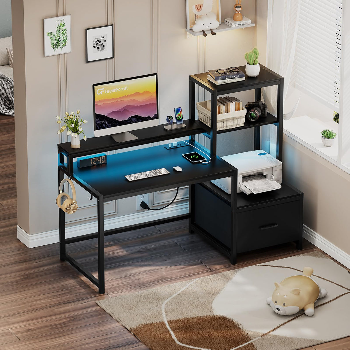 GreenForest Computer Desk with Drawers and Monitor Stand, Home Office Desk with Storage Shelves, Small Gaming Desk with Power Outlets and LED Lights for Study Writing Working, 51 inch Black GreenForest